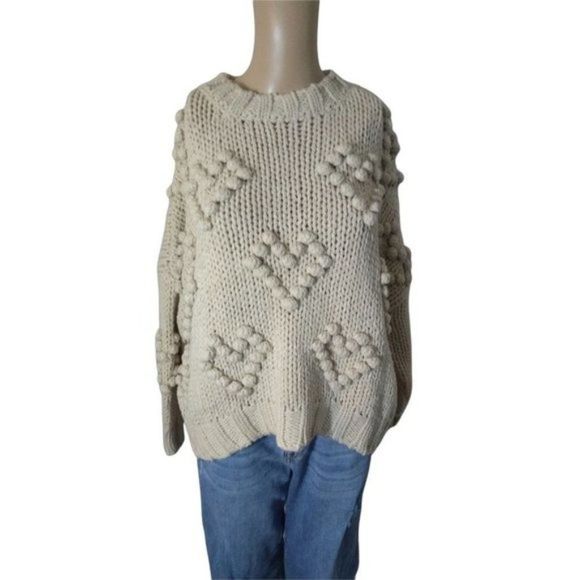 Elan Sweaters - Elan Heart Pom Pom Long Sleeve Crew Neck Oversized Sweater
